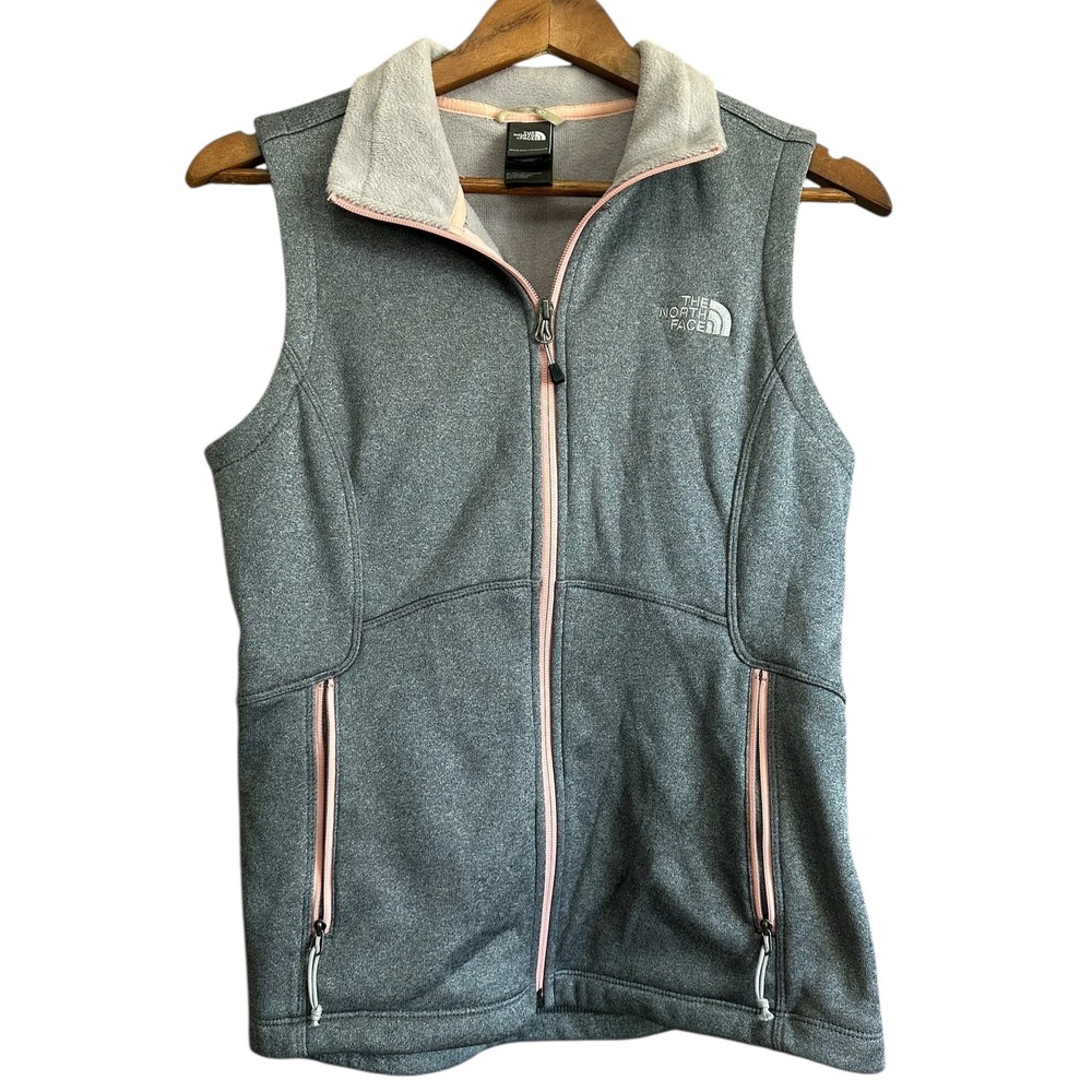 The North Face Womens Fleece Vest Grey Pink Zip Pockets Size M